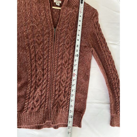 LL Bean Womens Double L Cable Sweater Zip Cardigan Cotton Mix Cable Red Rust Med - Picture 9 of 10